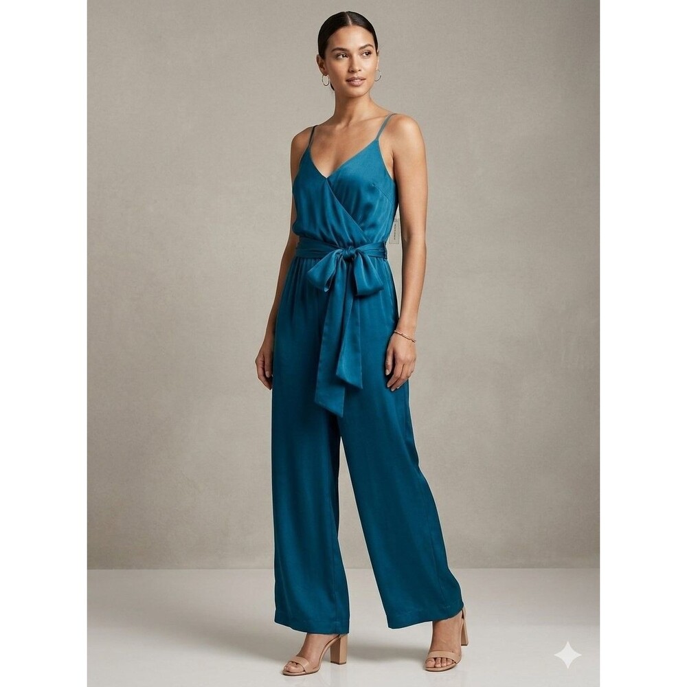 Banana Republic Wide Leg Jumpsuit Wrap Front 10P Teal Satin Resort Chic